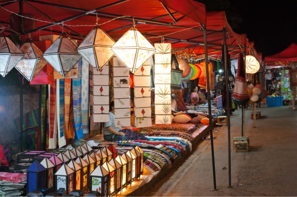 Luang Prabang Night Market with bunches of souvenirs and local street food